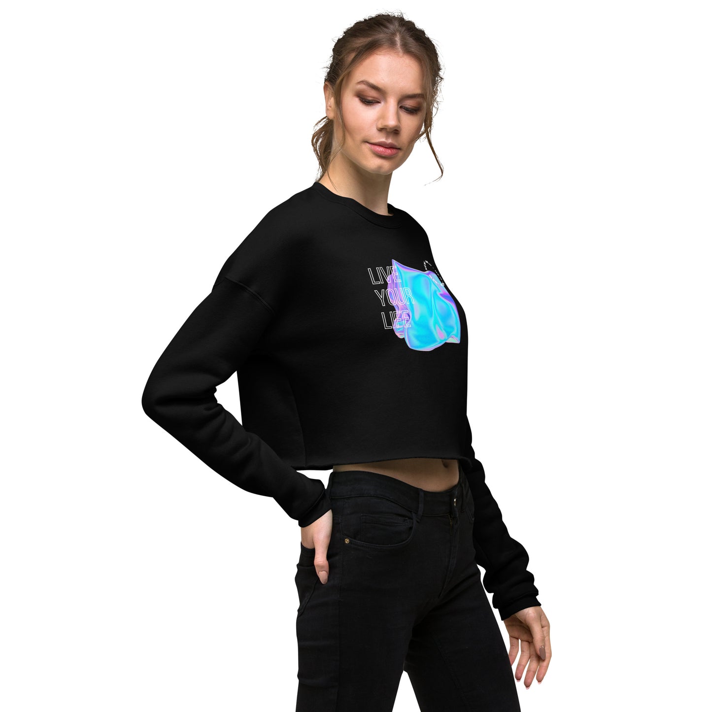 Vivid Existence Live Your Life Women's Crop Sweatshirt - Black - FLAKOUT