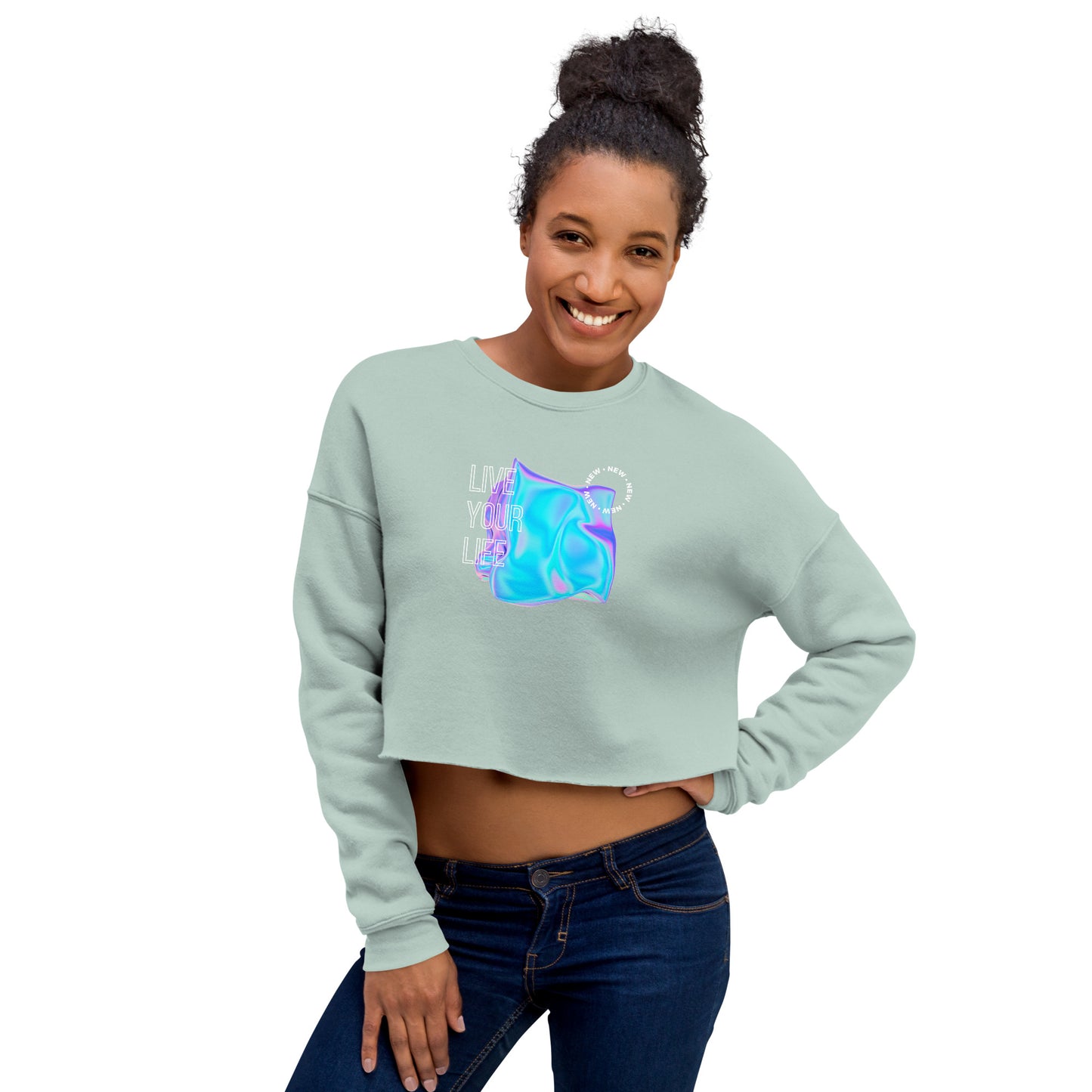 Vivid Existence Live Your Life Women's Crop Sweatshirt - Dusty Blue - FLAKOUT